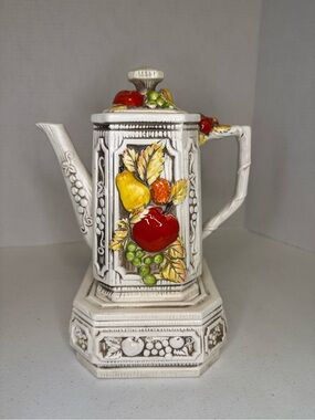 Vintage Mid Century New Trends Ceramic Teapot With Warmer Fruit Pattern Japan